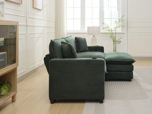 English Elm L Shape Sofa Couch With Usb Port & Cup Holder - Green Corduroy 2-Seater Sectional & Footstool W2100S00137