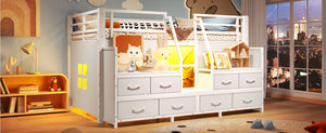 English Elm Twin Low Loft Bed with Shelves Fabric Drawers and Under Bed Study Nook Metal Frame Light White W5305S00042