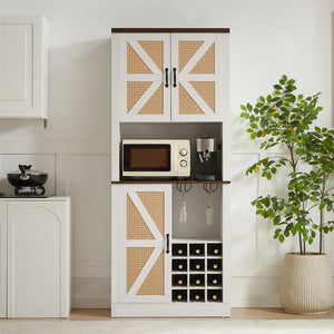 English Elm 76 Inch Tall Farmhouse Wine Cabinet with 12 Bottle Compartments, Faux Rattan 3D Doors, Shelves W2702P183952