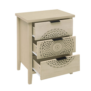 English Elm Hollow-Carved 3 Drawer Cabinet Dresser Storage Chest with Black Metal Handles, Anti-Tip Safety & Elegant Pattern (36.23x18.51x7.88) W688P223042