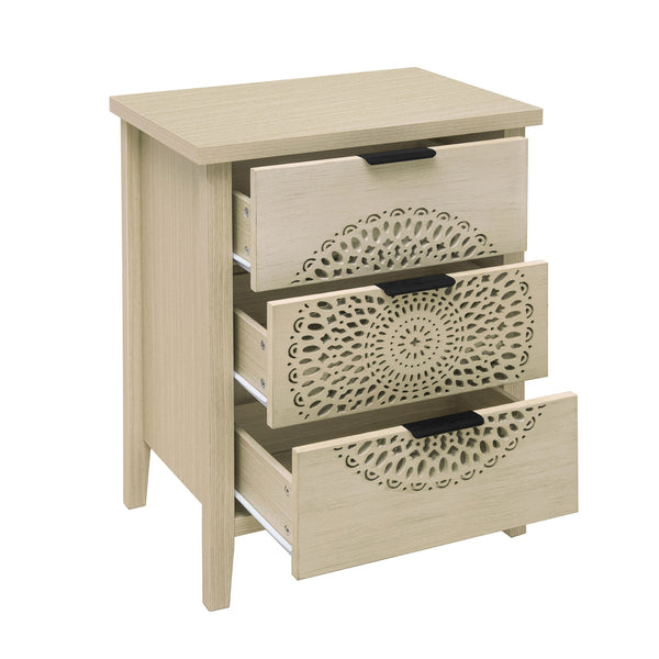 English Elm Hollow-Carved 3 Drawer Cabinet Dresser Storage Chest with Black Metal Handles, Anti-Tip Safety & Elegant Pattern (36.23x18.51x7.88) W688P223042