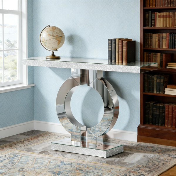 English Elm Mirrored Console Table with O-shaped Base Slim Acrylic Glam Entryway Accent T3971P453326