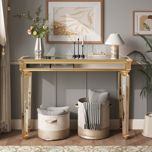 English Elm Mirror Console Table Gold Carved Frame Entryway Accent with Reflective Mirrored Panels W1445P407834