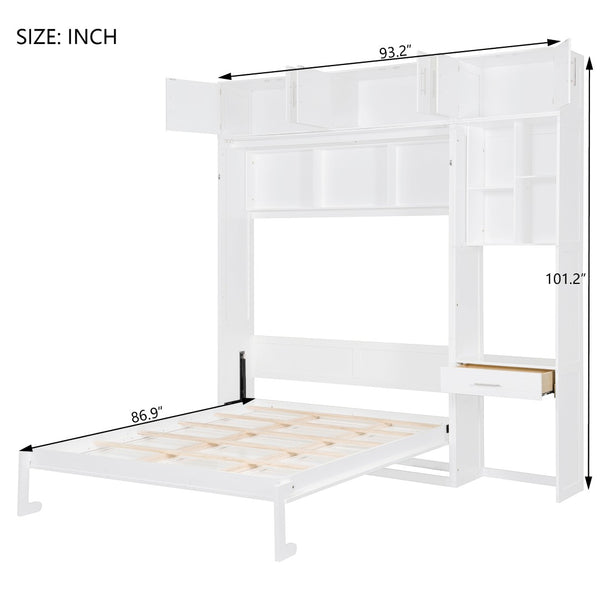 English Elm Queen Murphy Bed with Integrated Desk Cabinet Shelves Space Saving Studio Solution White N708S00021K-1