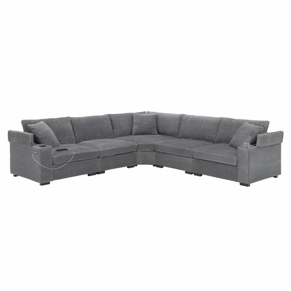 English Elm 104" Corduroy L-shaped Sectional with Usb Charging Armrest Storage and Cup Holders Gray N723S1187E