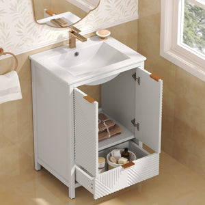 English Elm Christopher Knight Home® - 24 24-Inch Bathroom Vanity with Ceramic Sink, Textured Panels, Soft-Close Drawer & Large Storage White N817P339017K