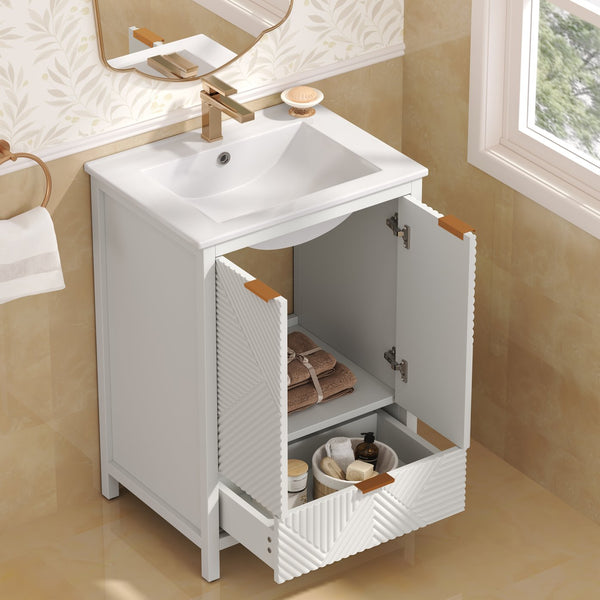 English Elm Christopher Knight Home® - 24 24-Inch Bathroom Vanity with Ceramic Sink, Textured Panels, Soft-Close Drawer & Large Storage White N817P339017K