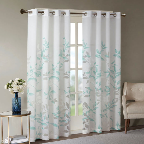 English Elm Burnout Botanical Curtain Panel Set - 2 Light Filtering Window Panels With Silver Grommets B035129676