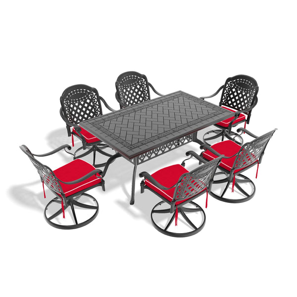 English Elm 7-Piece All-Weather Cast Aluminum Dining Set With Swivel Chairs & Cushions For Outdoor Comfort W1710S00458