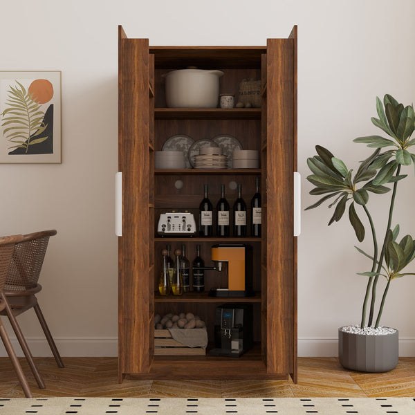 English Elm 62.99In Kitchen Pantry Cabinet - Stylish Walnut Buffet With Multi-Level Storage For Any Room W331S00157
