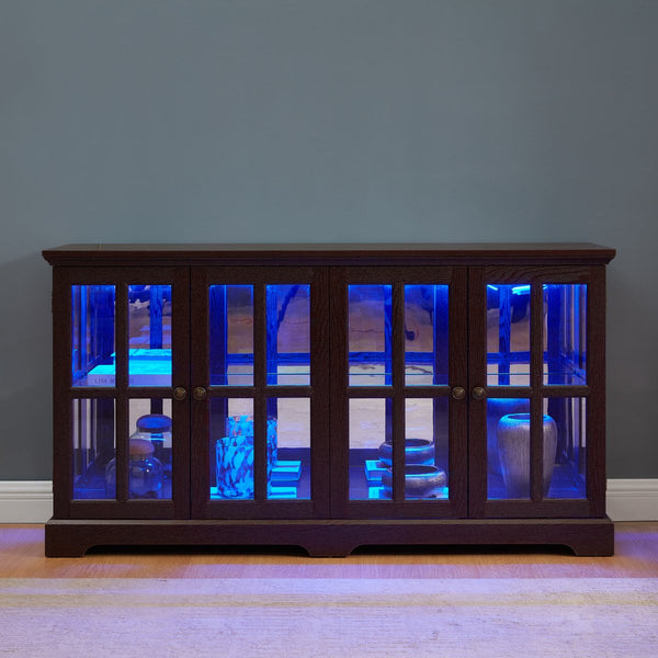 English Elm Led Curio Display Cabinet - Antique Cherry 4-Door Showcase With Adjustable Shelves & Colorful Lighting W2275P231691