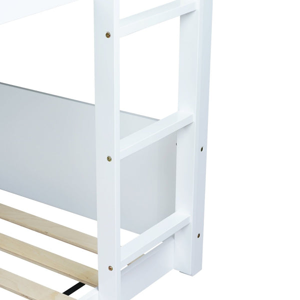 English Elm Twin House-Style Twin Bunk Bed With Safety Guardrails, Ladder & Play Space – White Rubberwood Design W504P227972-GIGA