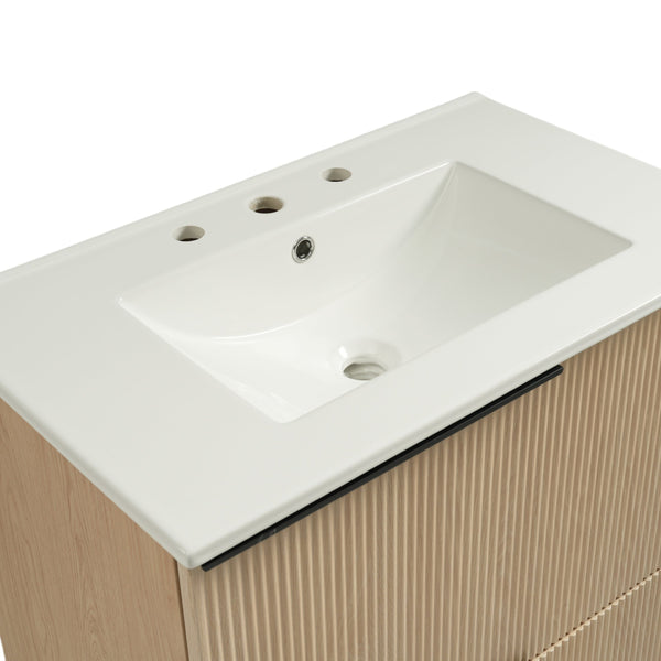 English Elm Christopher Knight Home® - 30" Bathroom Vanity With Ceramic Sink, Soft-Close Drawers & Fluted Natural Finish For Elegant Style N817P295760N