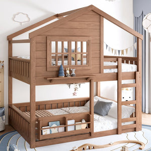 English Elm Full Bunk Bed with Trundle Bookshelf Storage Pine Frame Car Design for Kids Natural W1580S00522