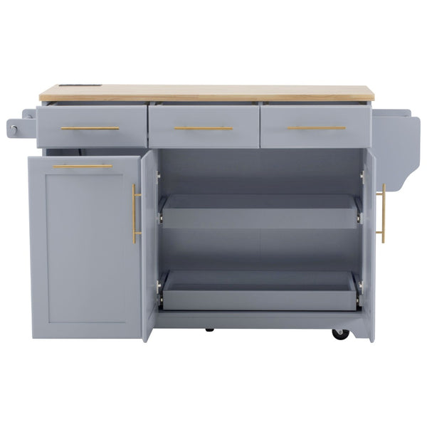 English Elm K&k Rolling Kitchen Island Rubber Wood Top Brass Hardware Built-in Outlets Storage Grey+Blue N707S299014G