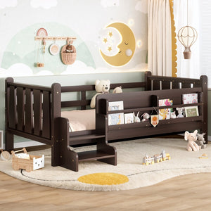 English Elm Twin Pine Floor Bed for Kids with Side Bookcases Built-in Stairs and Safety Guardrails Espresso W1580P390217