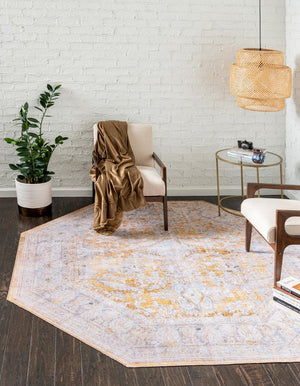 Unique Loom Timeless Thaddeus Machine Made Overdyed Rug Yellow, Ivory/Light Blue/Olive/Violet 7' 7" x 7' 7"