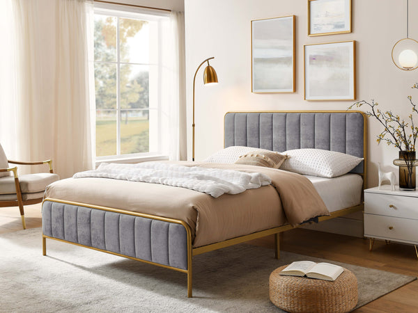 English Elm Ashley Upholstered Queen Bed Frame with Tufted Headboard, Luxurious Ice & Snow Velvet Finish, Durable Construction and Timeless Modern Elegance Gray B343P383334