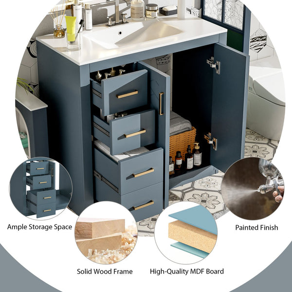 English Elm 36'' Bathroom Vanity with Ceramic Sink Combo, Solid Wood Frame, Soft-Close Drawers and Stylish Retro Groove Design Blue N710P291684C