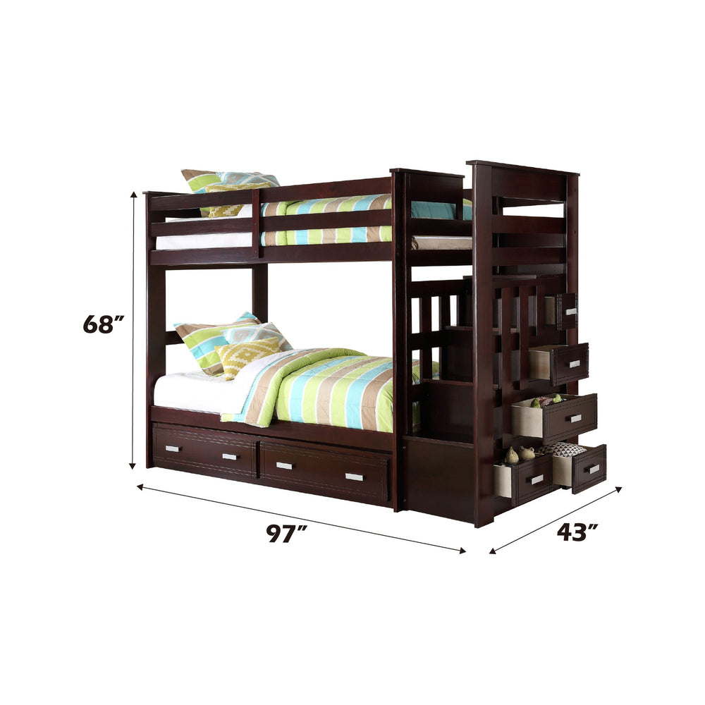 English Elm Allentown Espresso Twin/Twin Bunk Bed with Trundle & 5-Drawer Storage Ladder, Full Guard-Rail Safety B2726S00273