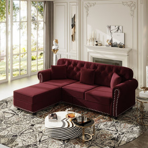 English Elm Upholstered Velvet Chesterfield Sofa Set with Button Tufting Nailhead Trim and Ottoman Burgundy W1885S00390