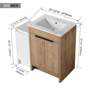 English Elm 36 Inch Freestanding Bathroom Vanity With Ceramic Sink, Soft-Close Doors & Ample Storage Space W999S00307