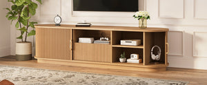 English Elm Vintage Farmhouse Media Console with Slatted Sliding Doors and Brass Hardware for Living Room Natural N721P427206D