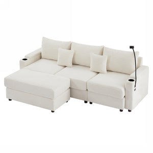 English Elm 95.3" Modular 3-Seater Sectional Sofa With Storage, Usb Ports, Cup Holders & Movable Ottoman, Beige N719S001612A