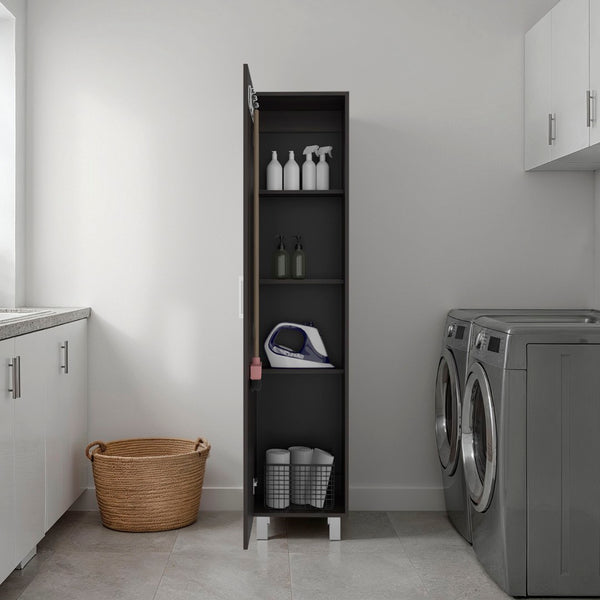 English Elm Vernon Narrow Freestanding Storage Cabinet with Interior Shelving and Broom Hooks Dark Walnut B097P474305