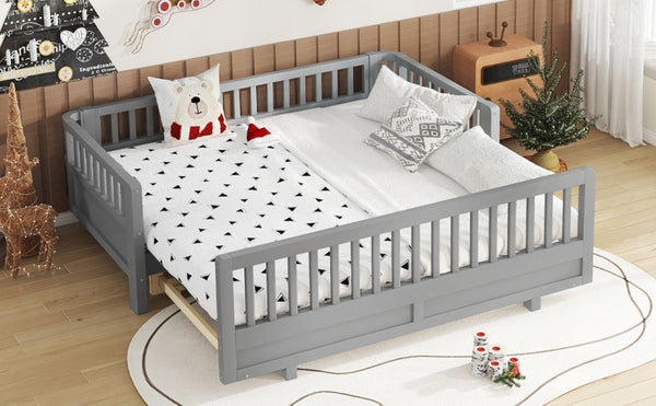 English Elm Twin Size Platform Bed With Guardrails - Stylish, Solid Wood Frame Converts To Double Twin, Grey W1580S00240-GIGA