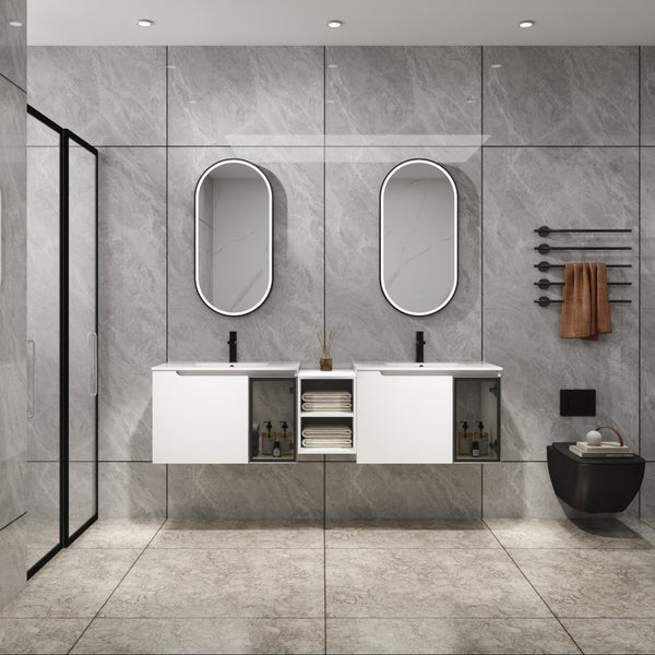 English Elm 72" Floating Double Bathroom Vanity Plywood Cabinet Ceramic Sinks Soft Close Doors W999S00533