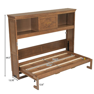 English Elm Twin Size Murphy Bed With Charging Station, Storage Drawer & Stylish Wood Finish For Space-Saving Design N7090004019D-GIGA