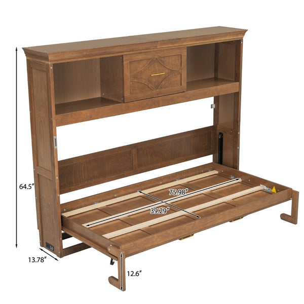 English Elm Twin Size Murphy Bed With Charging Station, Storage Drawer & Stylish Wood Finish For Space-Saving Design N7090004019D-GIGA