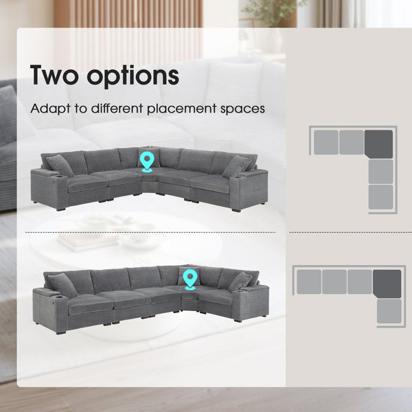 English Elm 104" Corduroy L-shaped Sectional with Usb Charging Armrest Storage and Cup Holders Gray N723S1187E