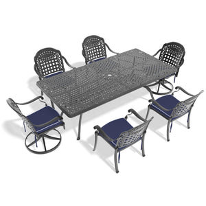 English Elm 7-Piece All-Weather Cast Aluminum Dining Set With Swivel Chairs & Cushions For Stylish Outdoor Gatherings W1710S00420