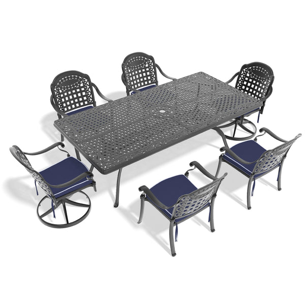 English Elm 7-Piece All-Weather Cast Aluminum Dining Set With Swivel Chairs & Cushions For Stylish Outdoor Gatherings W1710S00420