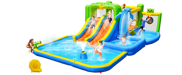 English Elm 9 in 1 Inflatable Bounce House Backyard Water Park with Slide Pool and Sprinkler W1677P247377