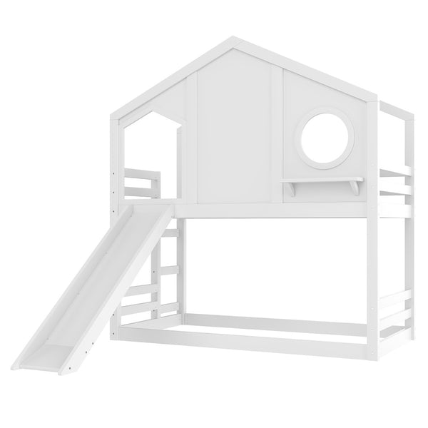 English Elm Full Bunk Bed with Trundle Bookshelf Storage Pine Frame Car Design for Kids Light White W1580S00464