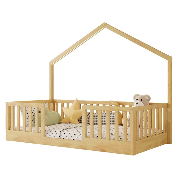 English Elm Twin Montessori Floor Bed House Frame with Led Lighting and Safety Rails for Kids W2593P440601