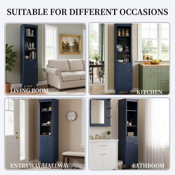 English Elm 68" Tall Fluted Freestanding Storage Cabinet with Drawer and Adjustable Shelf for Bathroom Blue N817P375218B