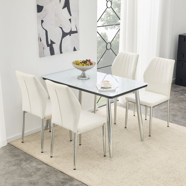 English Elm Table and Chair Set Marble Glass Top Silver Legs White Pu Seating for Modern Dining W1151S04646