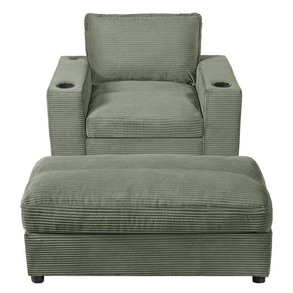 English Elm Christopher Knight Home® - 42.8" Oversized Chaise Lounge with Storage Ottoman, Corduroy Upholstery, USB Port & Cup Holders for Cozy Living Space Green N765P350851N