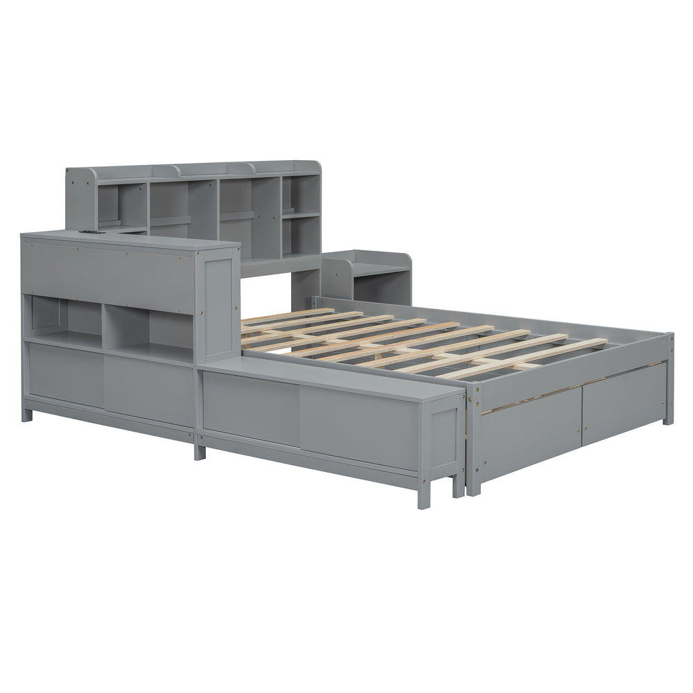 English Elm Full Size Wooden Platform Bed With Storage, Nightstand, Usb Desk, 2 Drawers - Stylish Gray Design N820S00029E