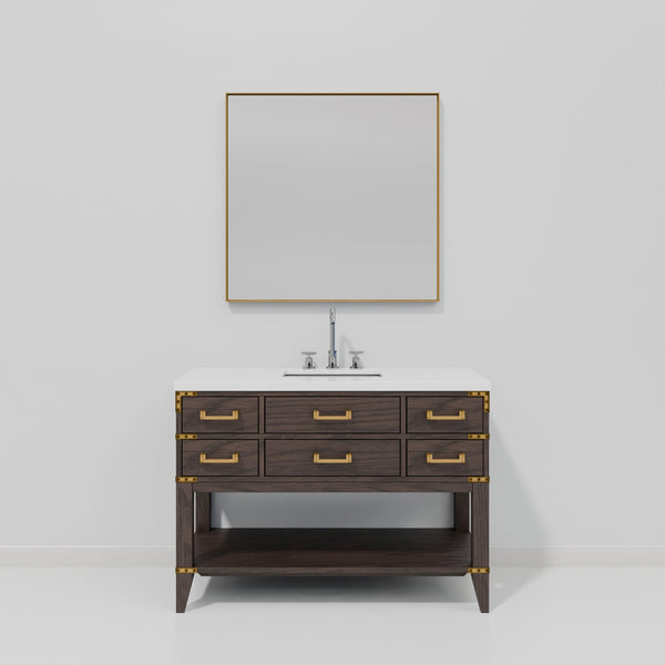 English Elm Brown Oak Single Bath Vanity Set With White Quartz Top, Chrome Faucet, And 46-Inch Mirror Included B2731S02106