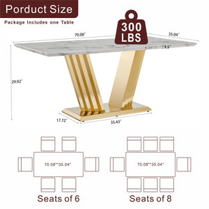English Elm Marble Dining Table For 6-8 People - Elegant Faux Marble Top With Gold Mirrored Base For Modern Spaces W3456S00048