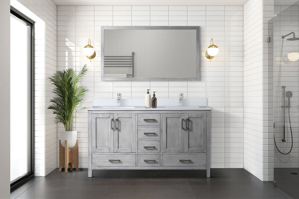 English Elm Distressed Grey Double Bath Vanity With White Quartz Top & 58" Mirror - Stylish Storage Solution! B2731S00700