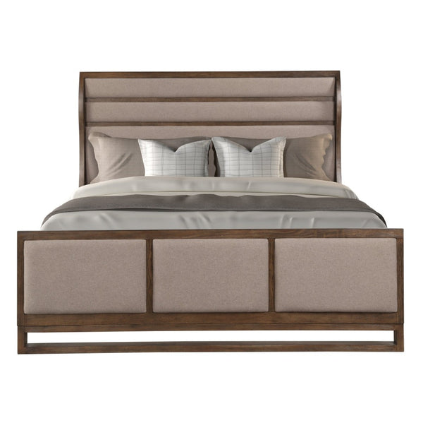 English Elm Arcadia King Bed Pine Oak Frame with Upholstered Panel Inlays Rustic Modern Style B108S00046