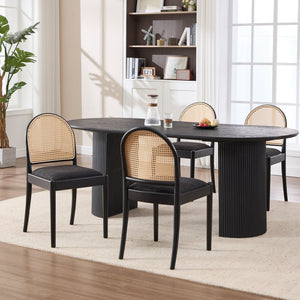 English Elm Rattan Backrest Dining Chairs Set of 2 Teddy Fabric Cushion Solid Wood Legs Kitchen Black W3244P475533