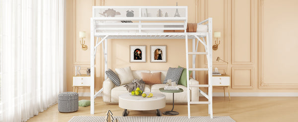 English Elm Full Size Loft Bed with Ladder and Built-In Shelves, Sturdy Metal High Loft for Kids Teens 54" White W2580P379995