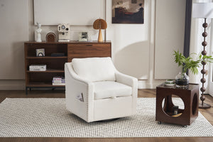 English Elm 011-Teddy Plush Swivel Accent Chair with High Back, Rivet Trim, 360° Rotation, Storage & Pockets Ivory W527P190834
